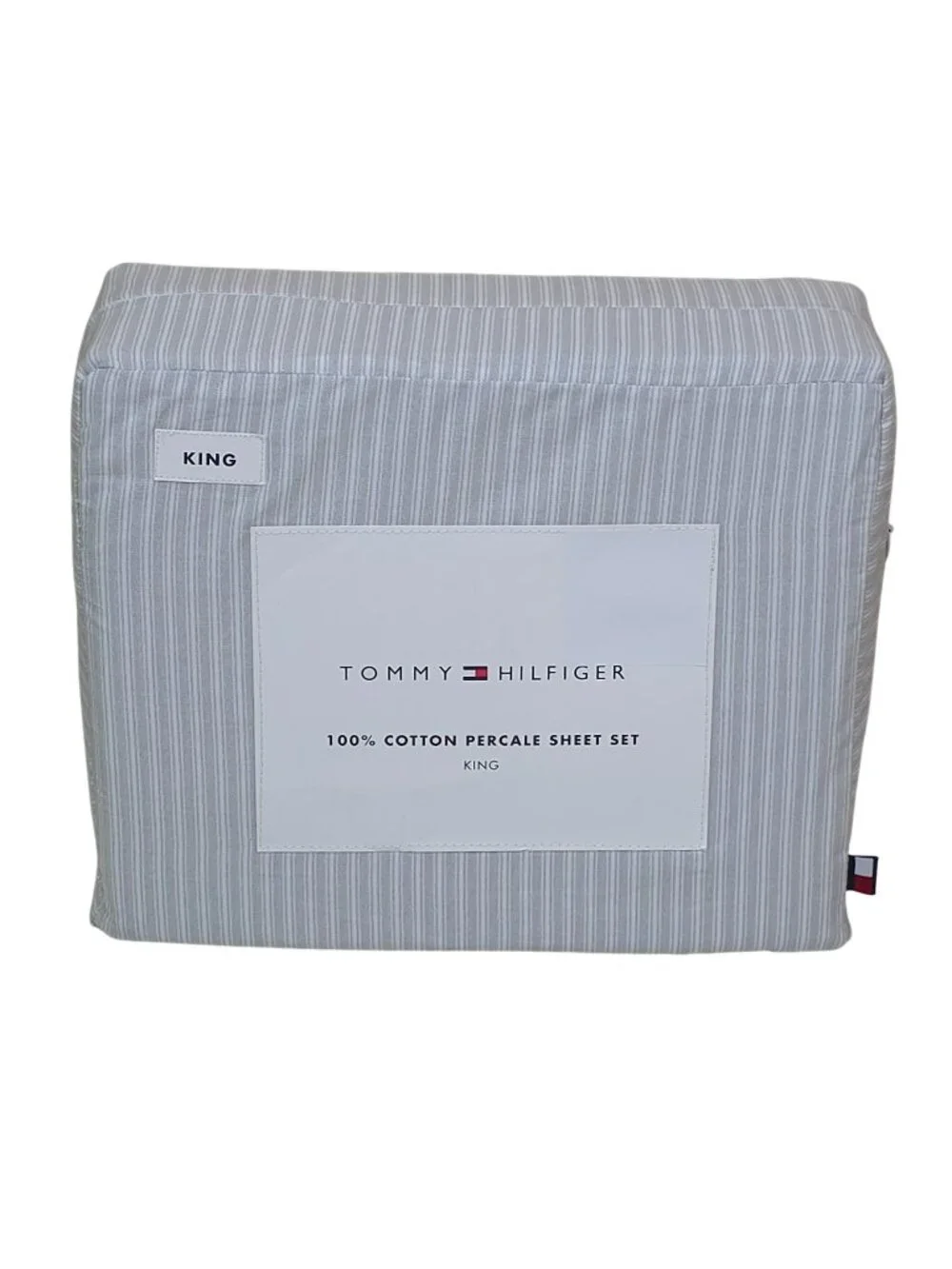 Tommy Hilfiger 100% Cotton Percale King Sheet Set Highland Ticking Stripe Grey